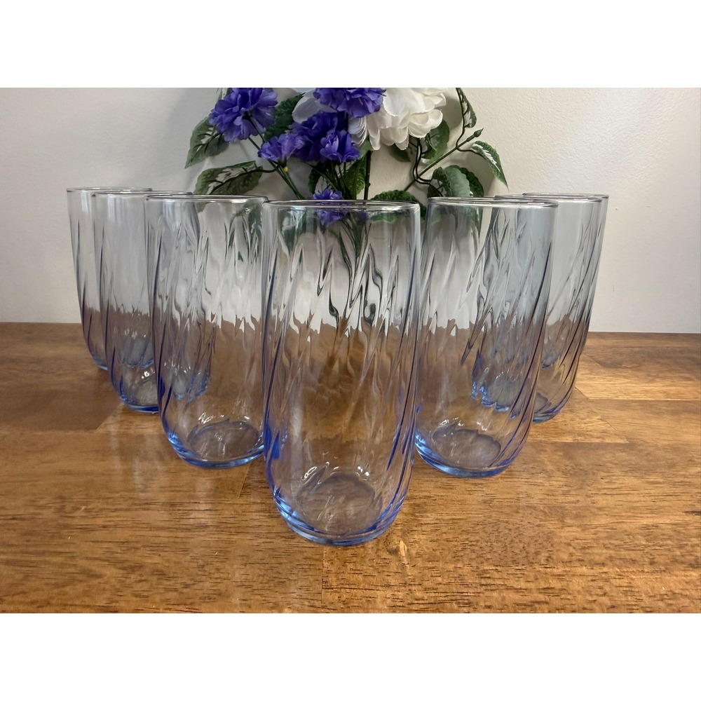 Libbey Misty Blue Swirl‎ Optic Highball Glasses Set of 7Vintage Barware Tumblers
